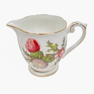 Queen Anne Mini Creamer Dundee Thistle Bone China Gold Trim Scalloped Edge 4 oz